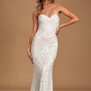 Lulu’s Olivia White Sequined Strapless Wedding Dress